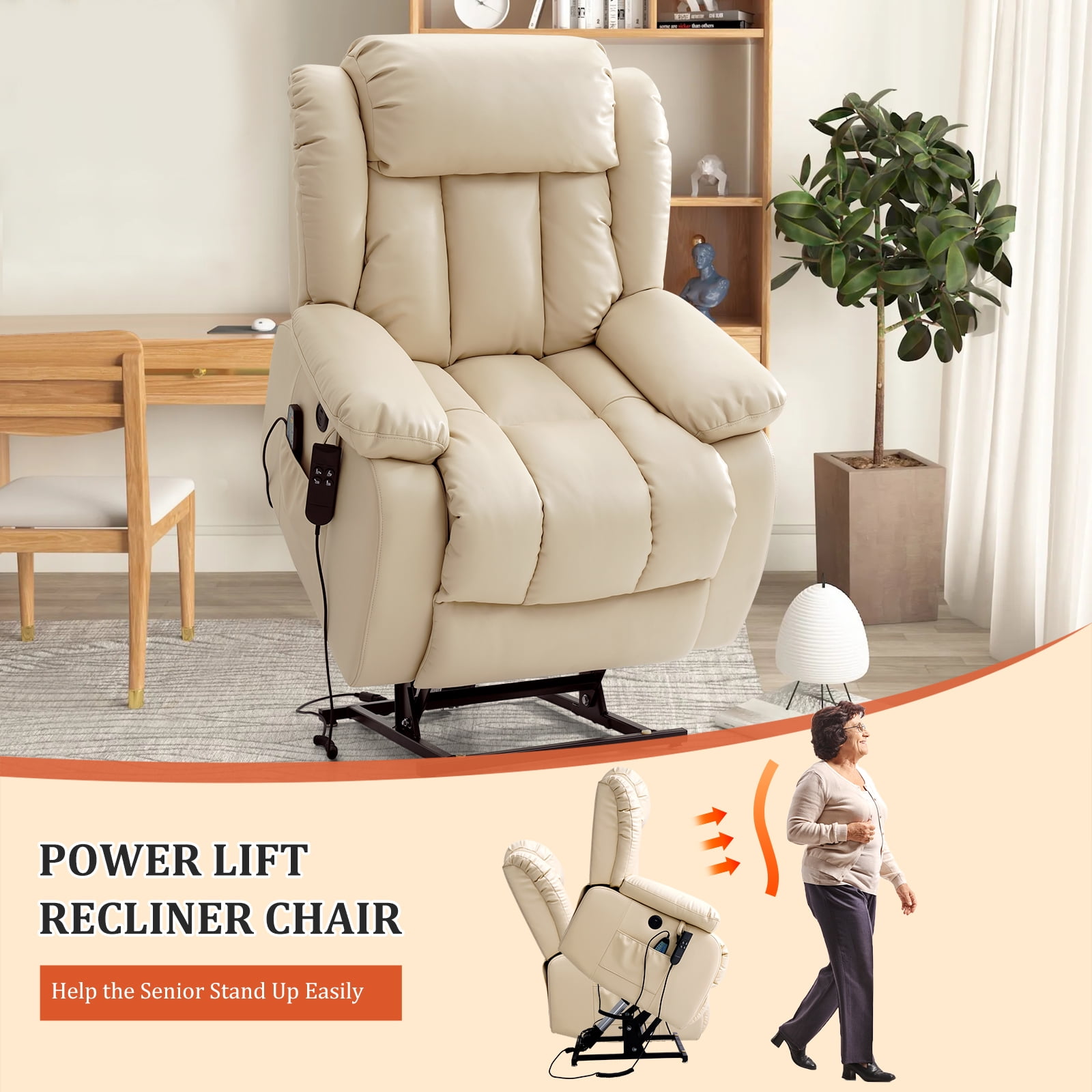 TEKAMON Infinite Position Lift Recliner Chair for Elderly with Heat and Massage Lay Flat Sleeping Leather Dual Motor Power Lift Chair for Living Room (Beige)