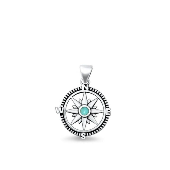 Sterling Silver Simulated Turquoise Compass Pendant Oxidized Charm .925 New Jewelry Female Unisex