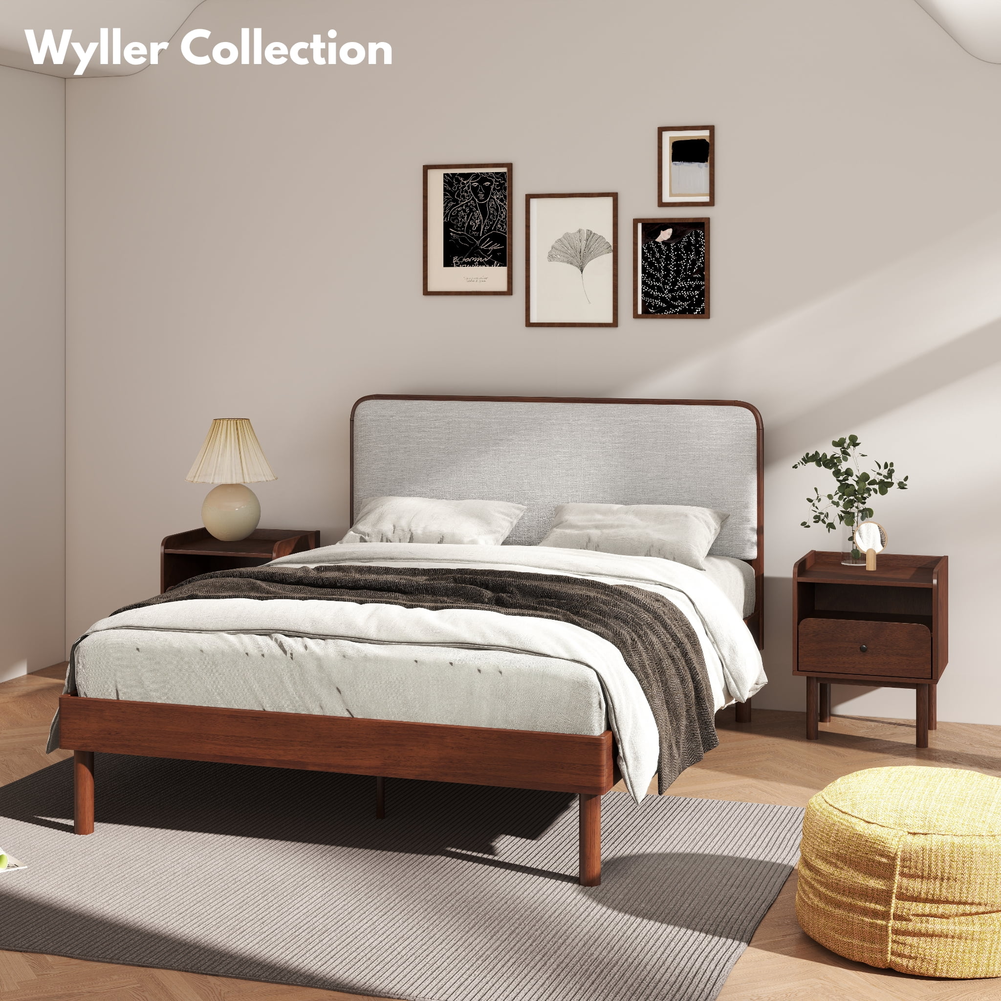 Roundhill Furniture Wyller Dual-tier Storage Nightstand, Side Table, Natural Walnut Finish