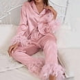 thumbnail image 2 of Conjunto de pijama de satén con plumas para mujer, ropa de dormir informal, con un solo pecho y cuello vuelto, color liso, 2 of 4