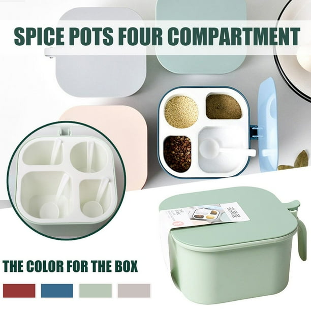 Xihbxyly Especieros con Múltiples Compartimentos, Rojo, Azul, Verde y Blanco, Organizador de Especias de Cuatro Rejillas, con Cuchara Pequeña, Almacenamiento de Cocina, Control de Olores, Fácil de Ab