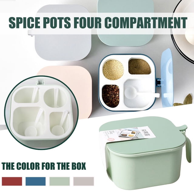Xihbxyly Especieros con Múltiples Compartimentos, Rojo, Azul, Verde y Blanco, Organizador de Especias de Cuatro Rejillas, con Cuchara Pequeña, Almacenamiento de Cocina, Control de Olores, Fácil de Ab