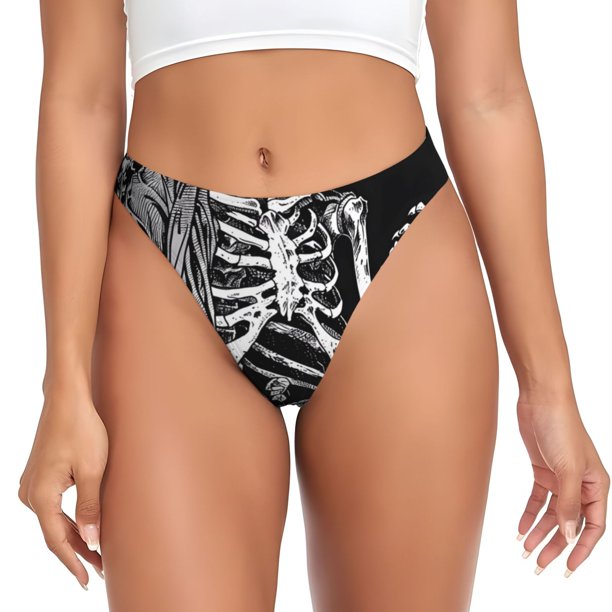 Balery Gothic Skull Floral Art Tangas de Algodón para Mujer con Estampado – Ropa Interior Sexy, Transpirable, G-string-Large