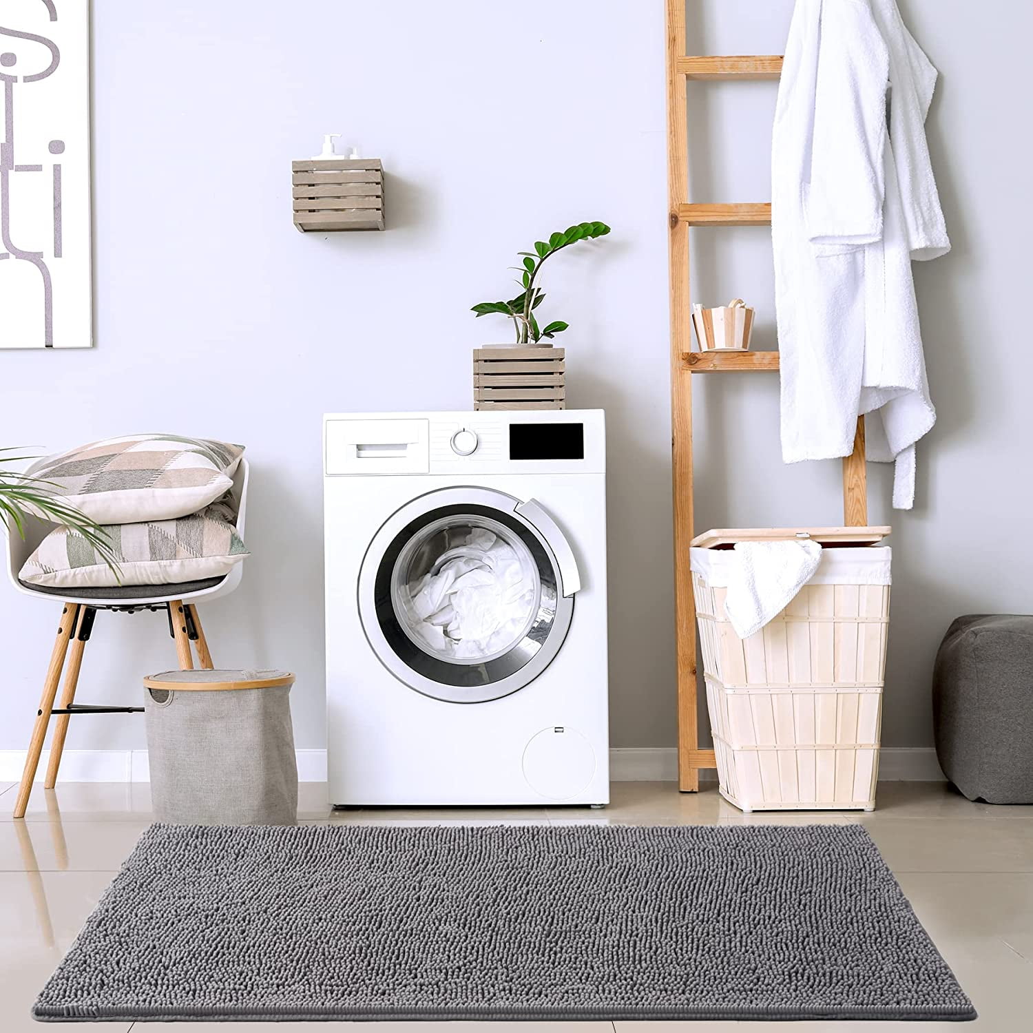 Bath Rugs 24'' x 48'' Bathroom Rug, Soft Luxury Chenille Bathroom Mats, Non-Slip and Absorbent Throw Rugs for Bath Tub, Plush Microfiber Shower Rug Machine Washable Floor Carpet, Grey