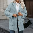thumbnail image 7 of Hueook Bomber Jacket Women Long Solid Pattern Front Button Pocket Winter Leisure Loose and Warm Fleece Hooded Jacket Outwear Blue M, 7 of 7