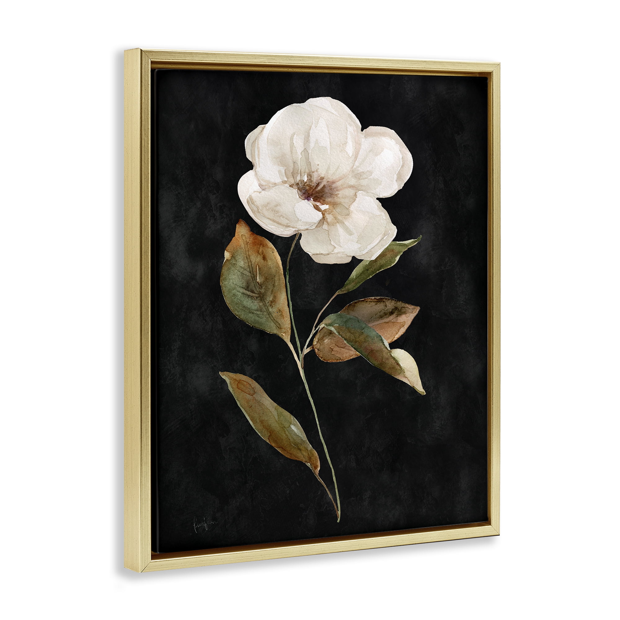 Stupell Industries White Bloom on Black Plants & Flowers Painting Gold Floater Framed Canvas Art Print Wall Art, 17 x 21