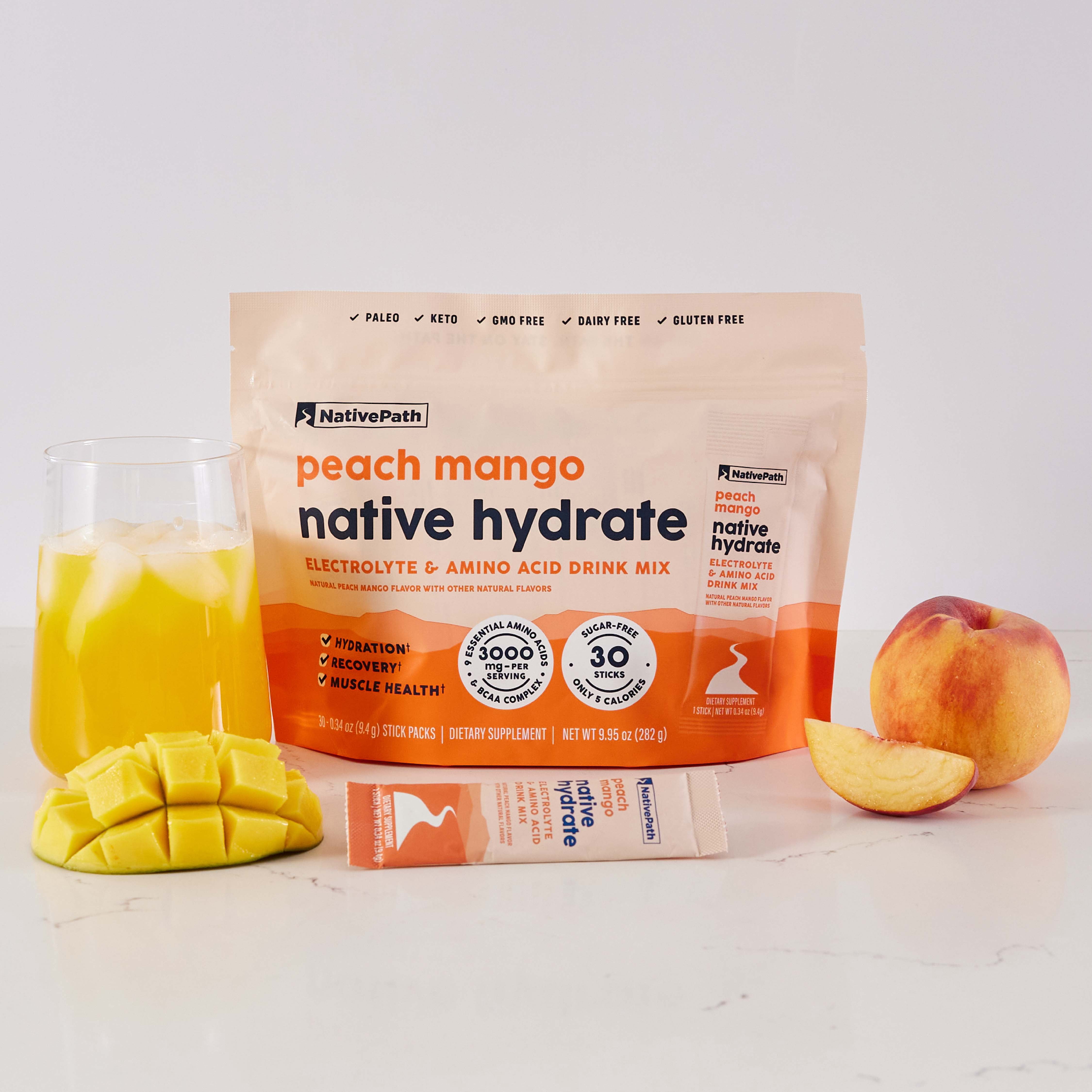 NativePath Hydrate Electrolyte Stick Packs, Peach Mango, Zero Sugar with BCAAs, 30 Count