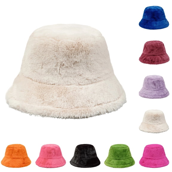 Kixjoy Winter Faux Fur Fuzzy Bucket Hat – Fluffy Warm Furry Cap for Women,Beige