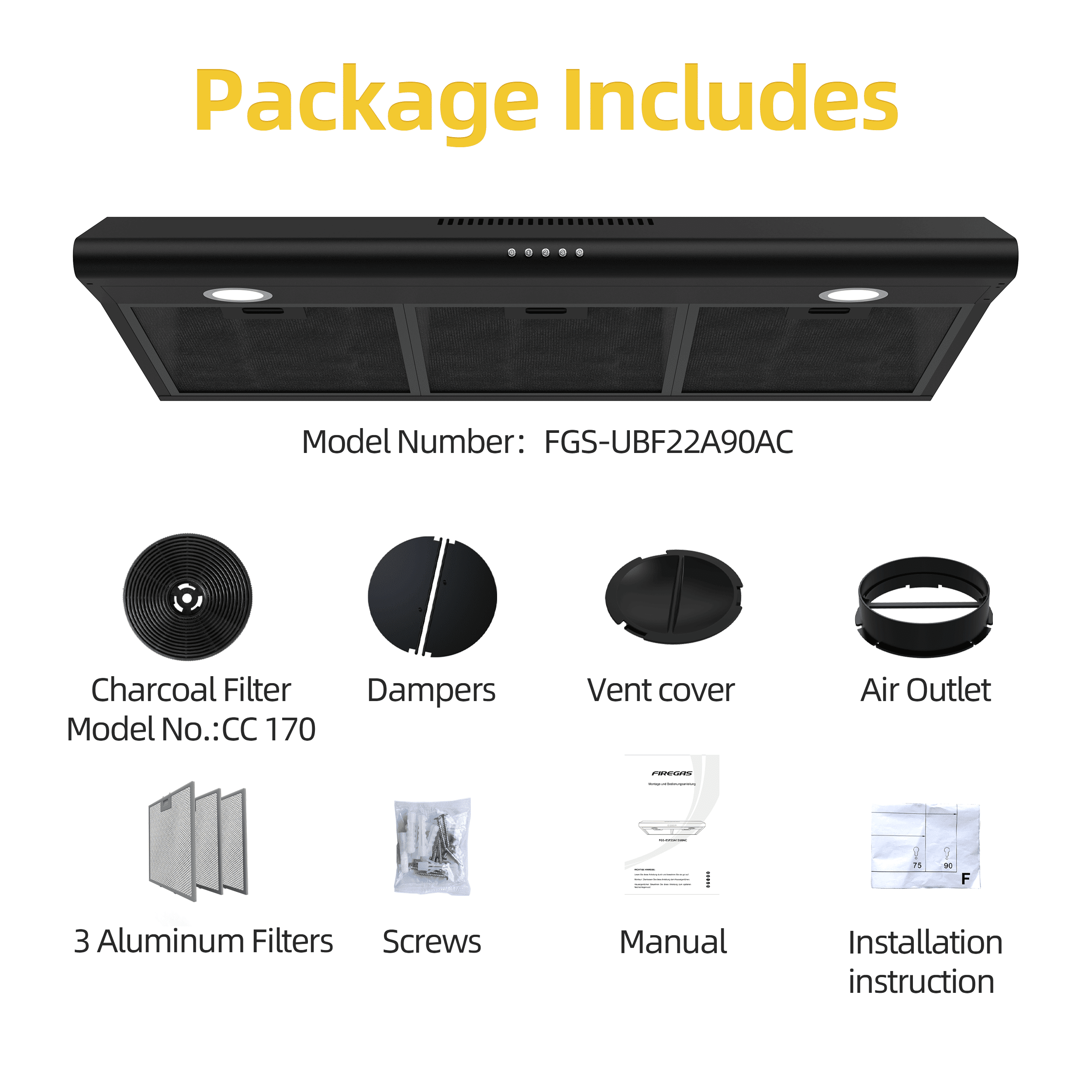 FIREGAS 36 inch Under Cabinet Range Hood 300CFM with Ducted/Ductless Convertible, Slim Kitchen Over Stove Vent, 3 Speed Exhaust Fan, Reusable Aluminum Filters, Push Button, Black