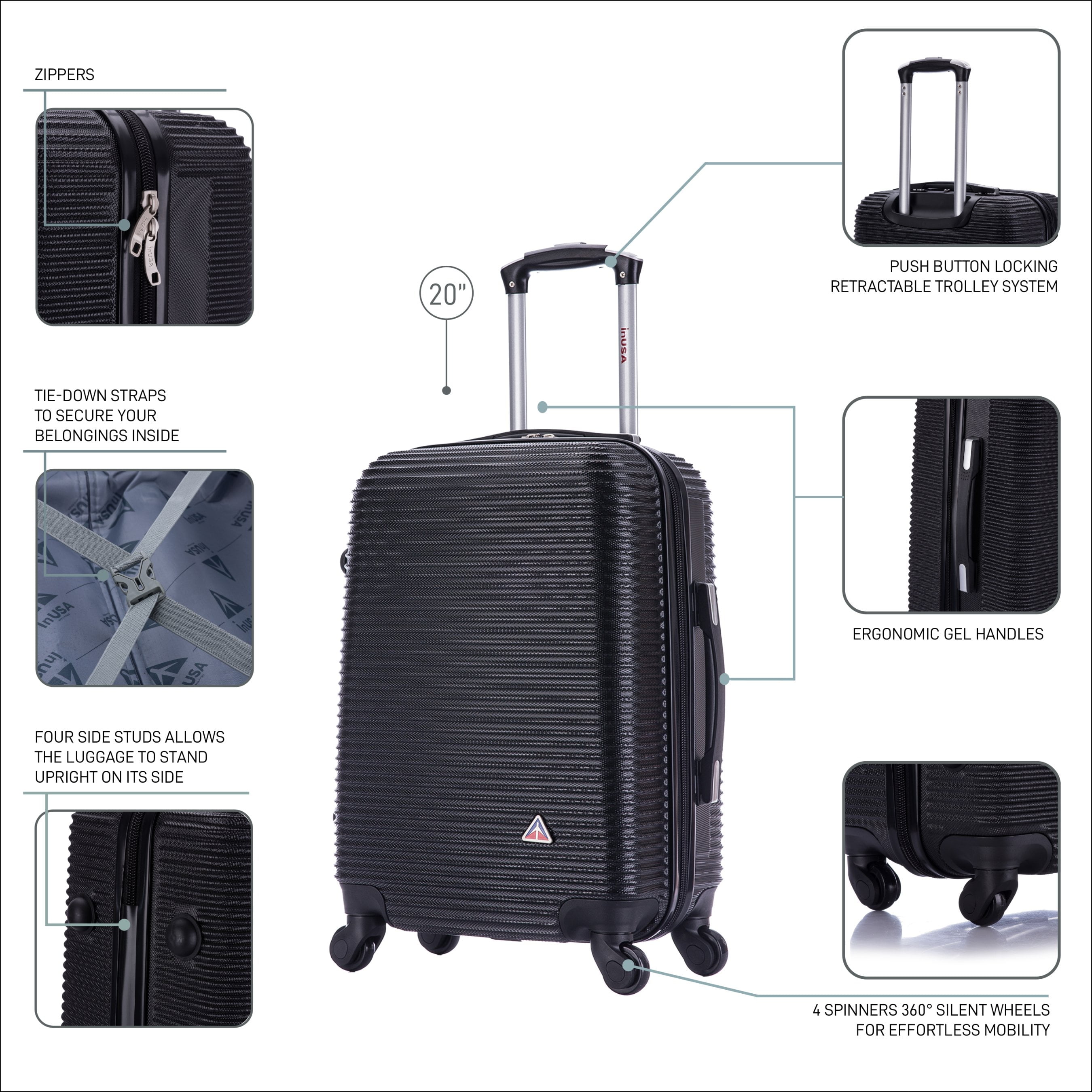 InUSA Royal 20" Hardside Lightweight Luggage with Spinner Wheels, Handle, and Trolley, Black