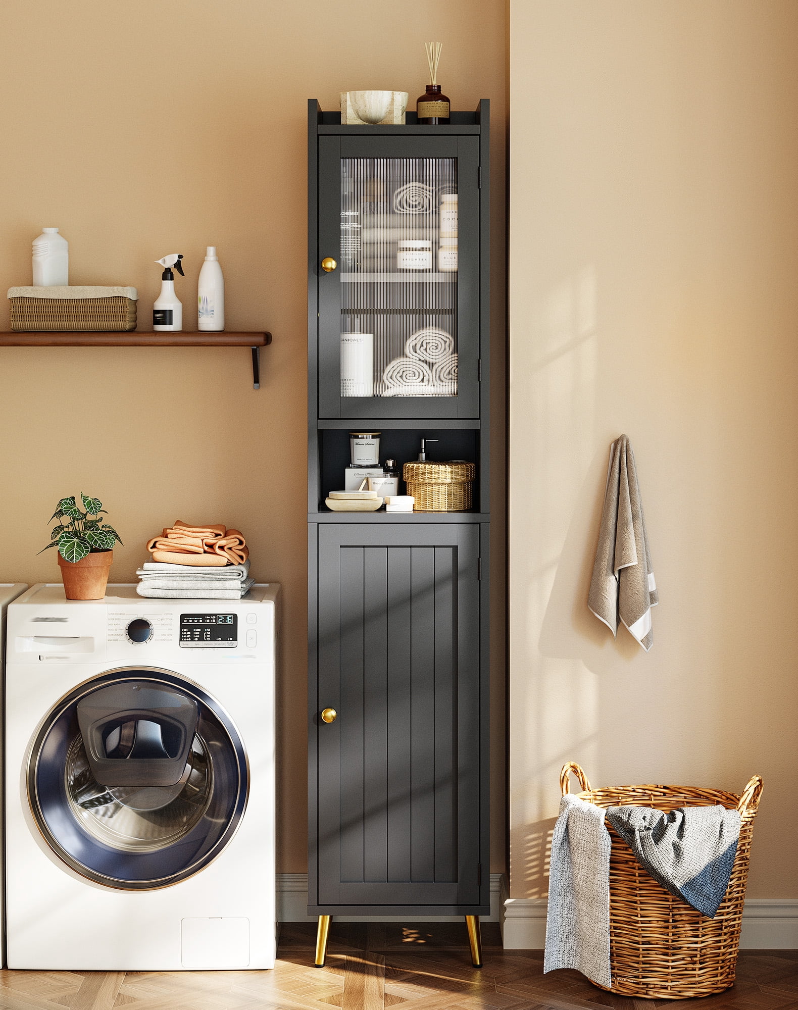 EnHomee 69" Tall Bathroom Storage Cabinet,Narrow Linen Cabinet with 2 Door and Adjustable Shelves​,Black