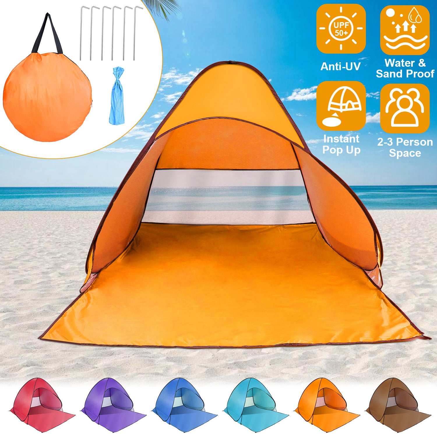 Moclever Portable UV Protection Beach Tent Pop up Sun Shade Shelter Canopy for Outdoor Beach Orange Walmart