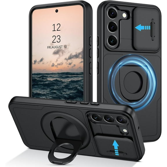 for Samsung Galaxy S22 Case Magnetic[Compatible with Magsafe], Built-in Slide Camera Cover Shockproof Heavy Duty Protective Kickstand Phone Case for Samsung S22 6.1", Black