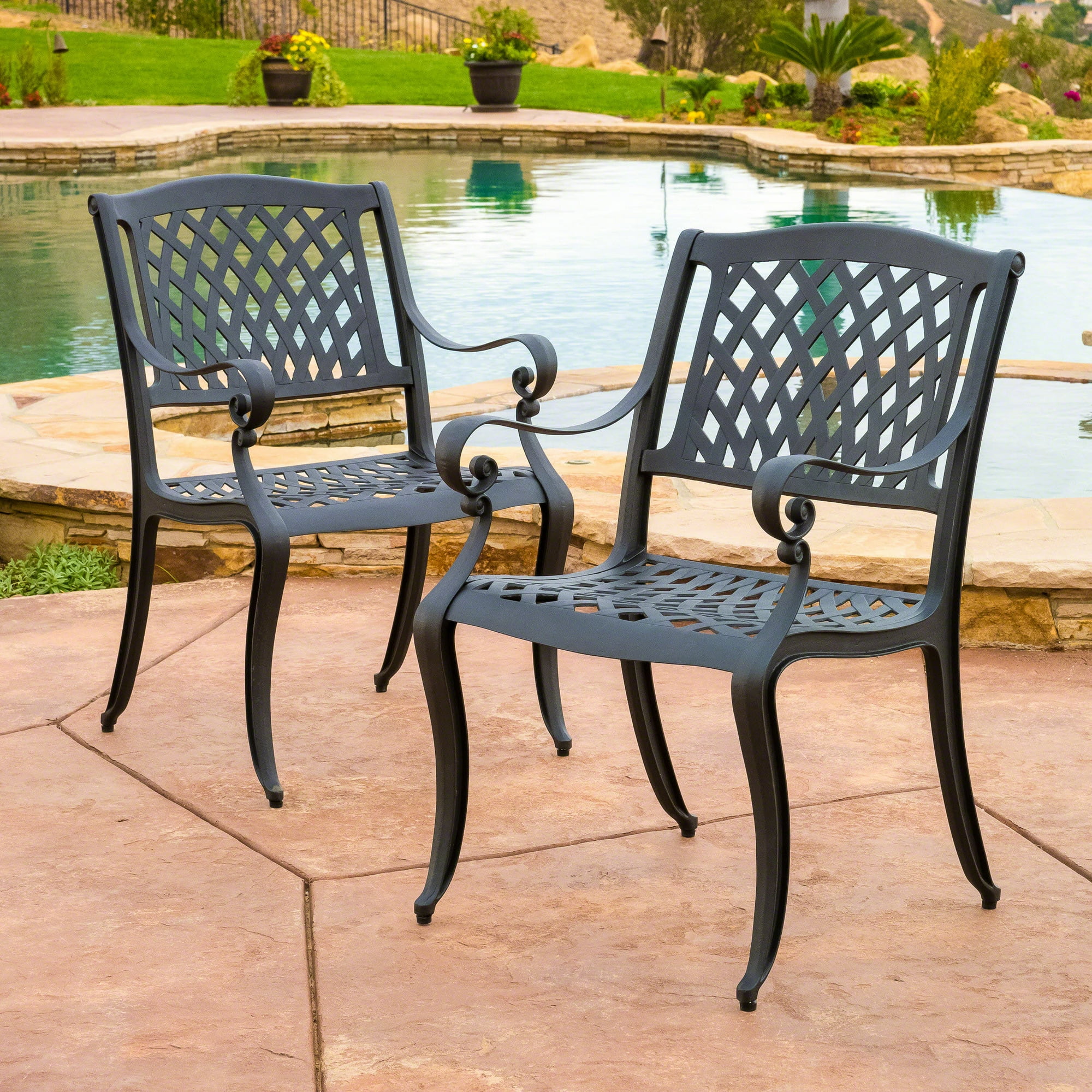 Cast Aluminum Patio Chairs Outdoor Patio Furniture Metal Patio Bistro Chairs Set of 2 with Armrest All Weather Patio Dining Chairs for