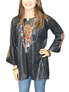Mogul Women's Black Paisley Embroidery Tunic Blouse Long Sleeves Kurta Top S