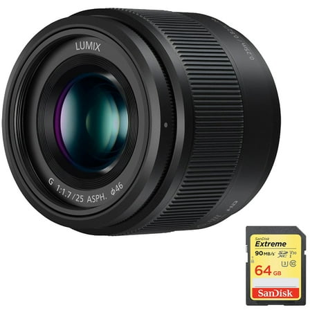 Panasonic H-H025K Lumix G 25mm f/1.7 ASPH. Lens Black Bundle with Sandisk 64GB Extreme SDXC Memory UHS-I Card
