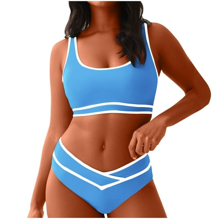 Taqqpue Bikini Sets for Women Women s High Waisted Bikini Sets Sporty Two Piece Swimsuits Color Block Cheeky High Cut Bathing Suits Sleeveless Beach vacation clothes