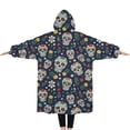 thumbnail image 2 of Oversized Wearable Blanket Hoodie,Navy Floral Skull Pattern Sherpa Blanket Hoodie with Super Pockets,Super Warm Fuzzy Pullover for Women & Men, 2 of 6