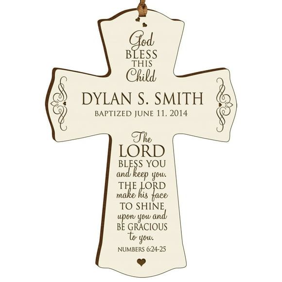 LifeSong Milestones Personalized Baptism 1st Holy Communion Christening Custom Wall Cross Decoration God Bless This Child The Lord Bless You and Keeps You (4.5" X 6", White)
