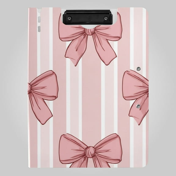 Pink Stripes Bows Foldable Binder Folder Clipboard with Pen Slot Double Clips A4 Size File Storage