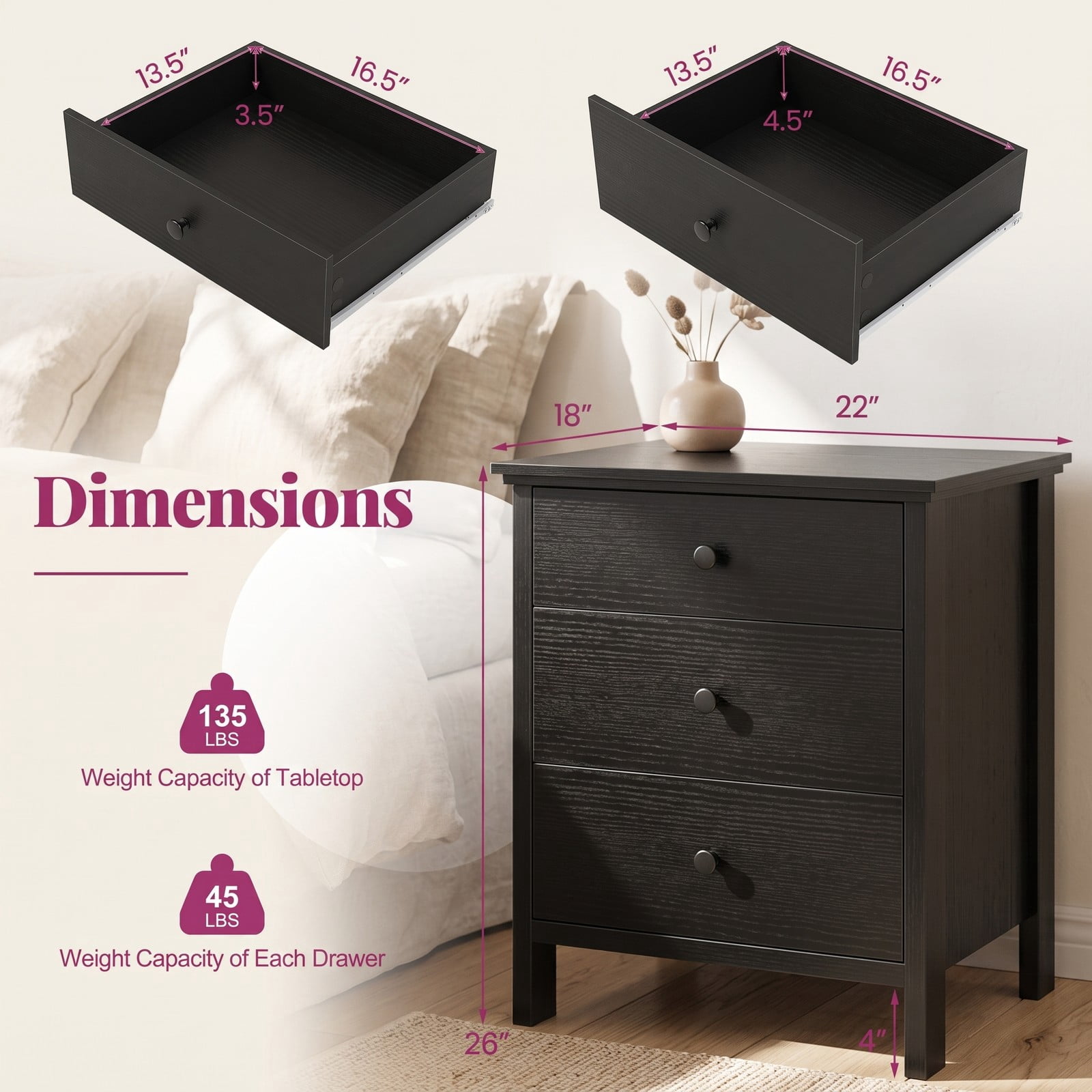 Furnibear 3-Drawer Wooden Nightstand with Wide Tabletop and Smooth Metal Slides for Bedroom Living Room and Study, Black