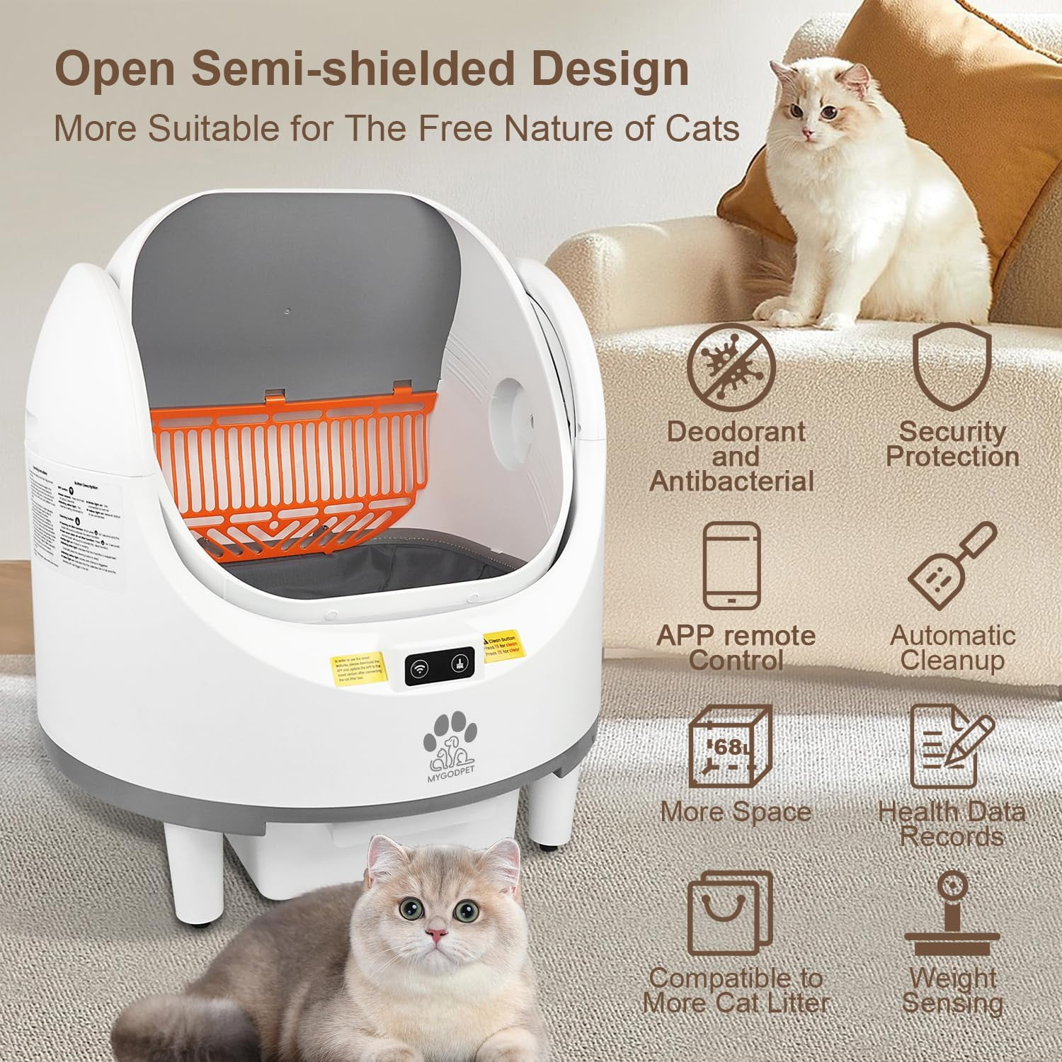 Self Cleaning Cat Litter Box, Open-Top Automatic Cat Litter Box for Multiple Cats, with Safety Protection, Smart App Control, Removable Washable Liner