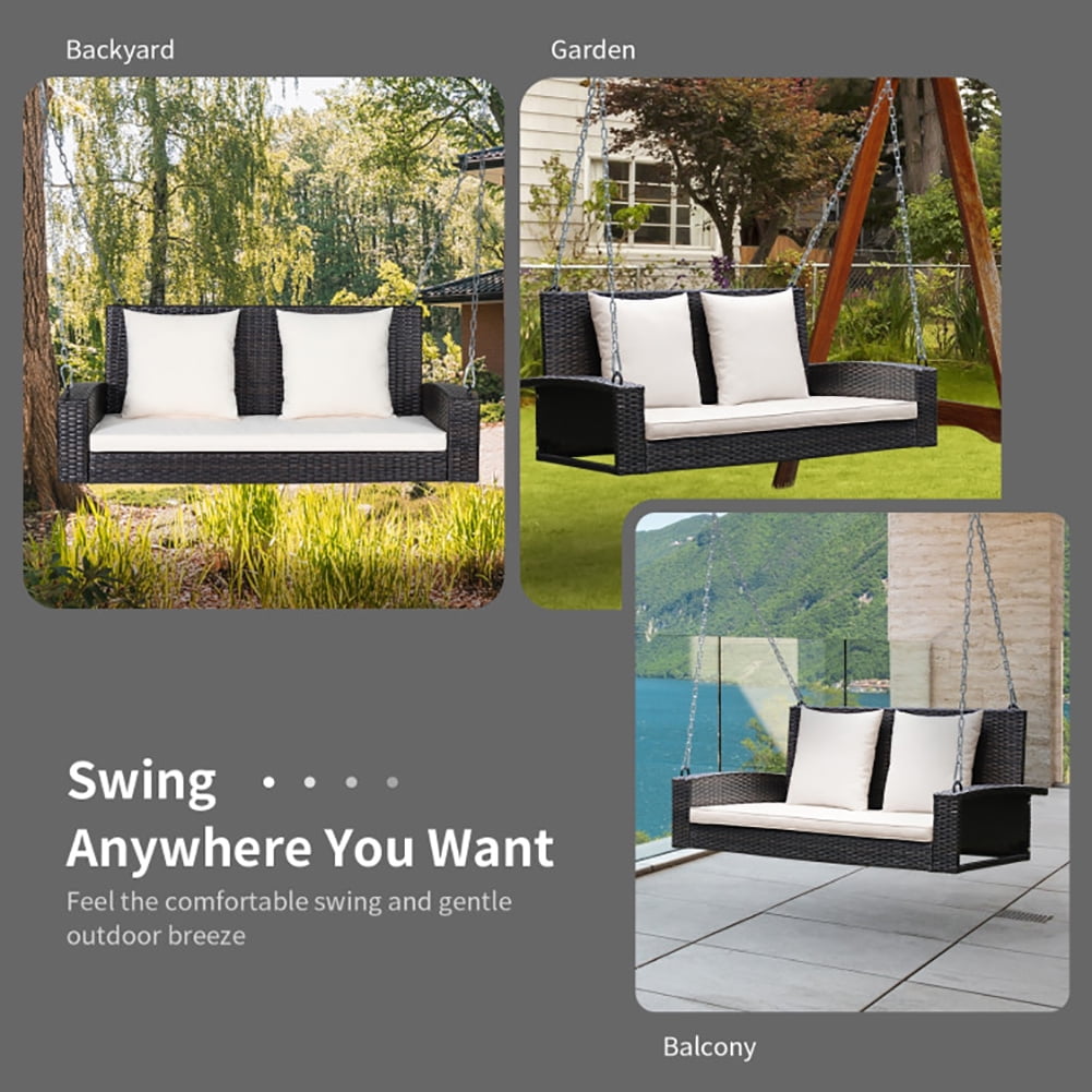 Aimee Lii 2-Person Patio Rattan Porch Swing with Cushions, Outdoor Patio Furniture, White Aimee Lii 2-Person Patio Rattan Porch Swing with Cushions, Outdoor Patio Furniture, White