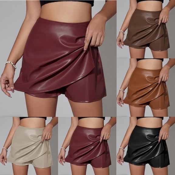 FRSASU Shorts for Women Faux Leather Skorts High Waisted PU Leather Shorts Elastic Waist Ruched Wrap Skorts Skirts Wine