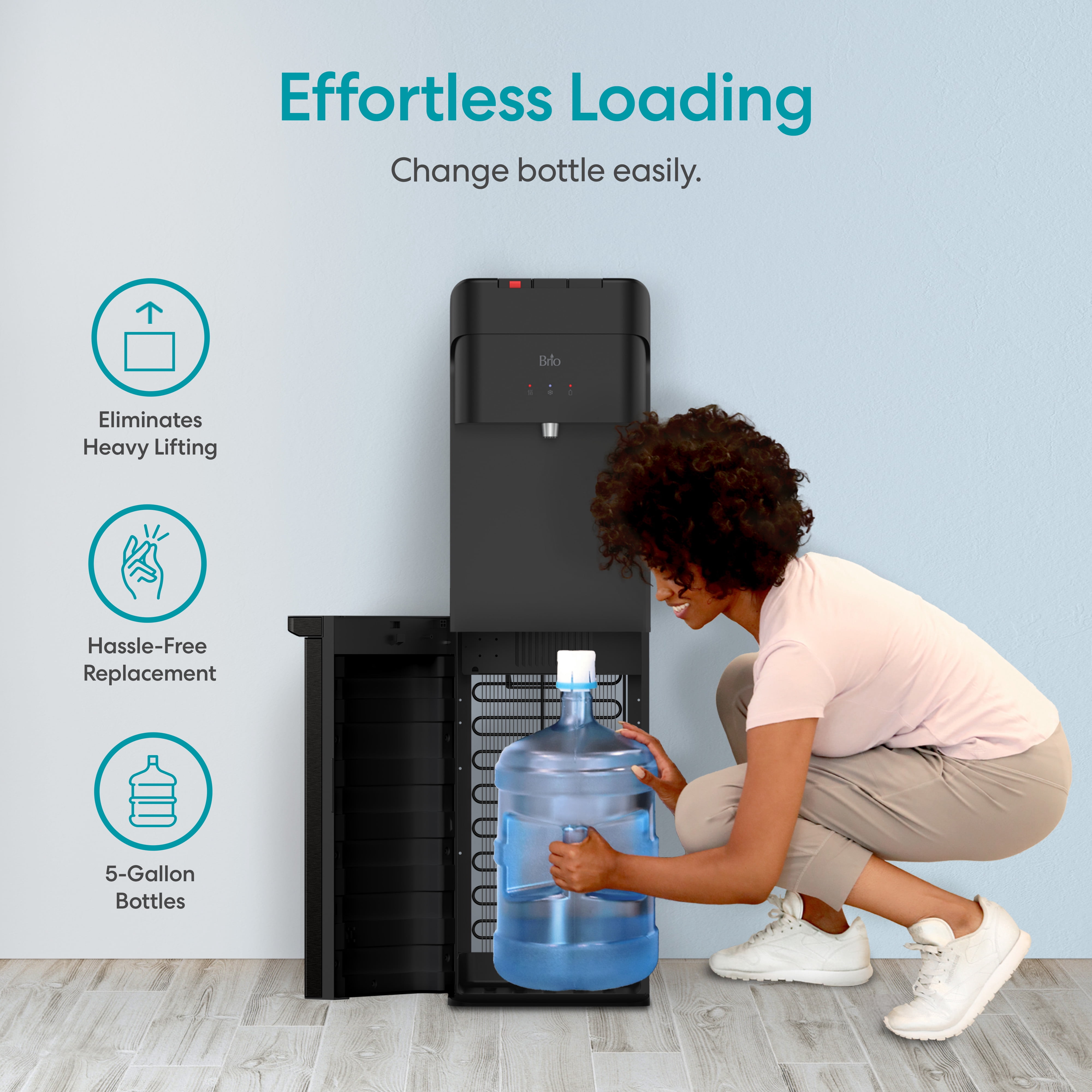 Brio 430 Black Bottom Load Water Cooler Dispenser, Hot, Cold & Room Temperature, 10.5" Dispense Height for 5-Gallon Bottles