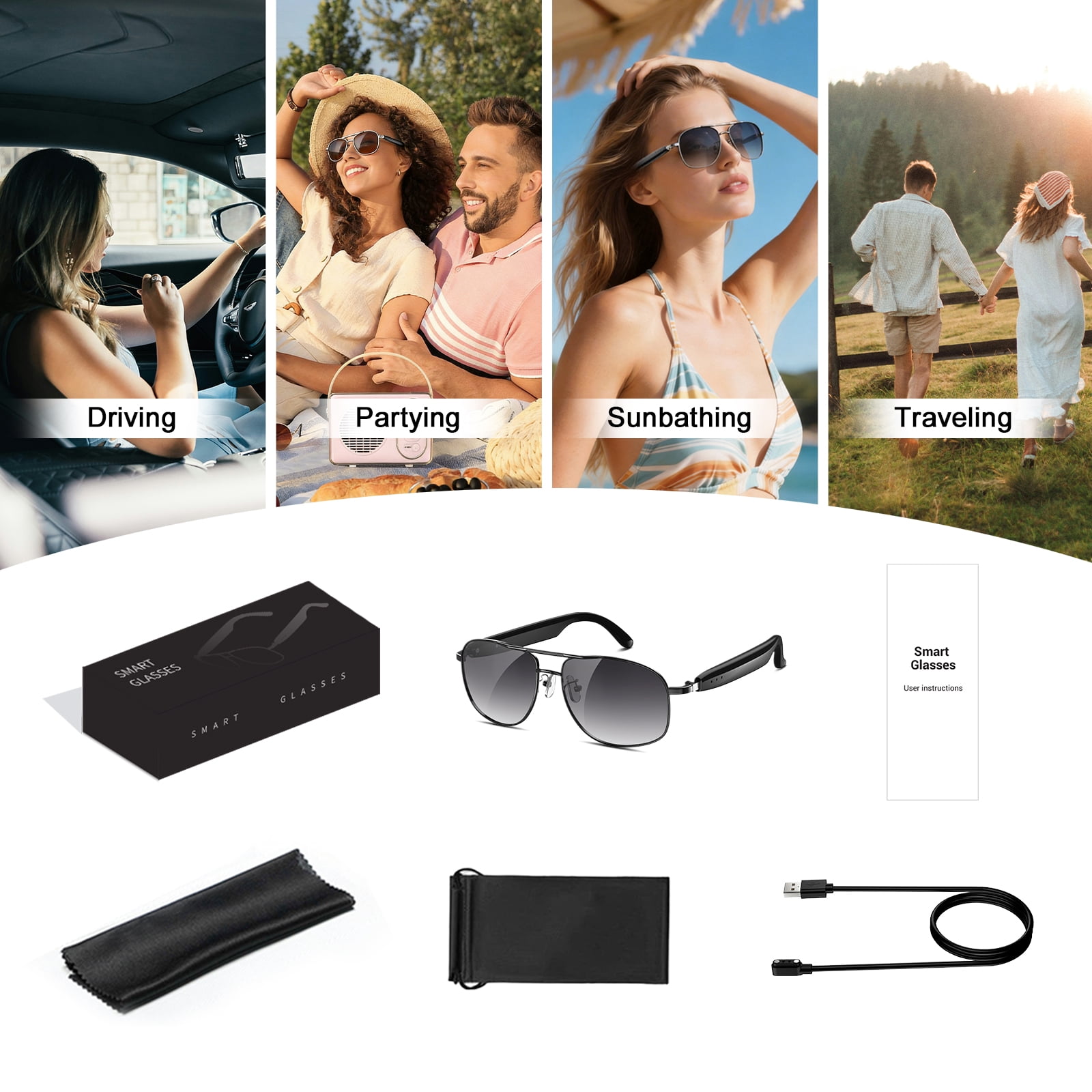 LUOMATE Smart Glasses with Bluetooth Audio, Sunglasses with Voice Assistant, Open Ear Speaker, LensTouch Control for Travel Work Business (Black)