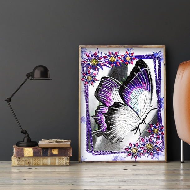 Cuadros Decorativos Pintura de taladro parcial de fantasía de mariposa púrpura dibujo de diamante de forma especial 5D Tmvgtek embutido en tela