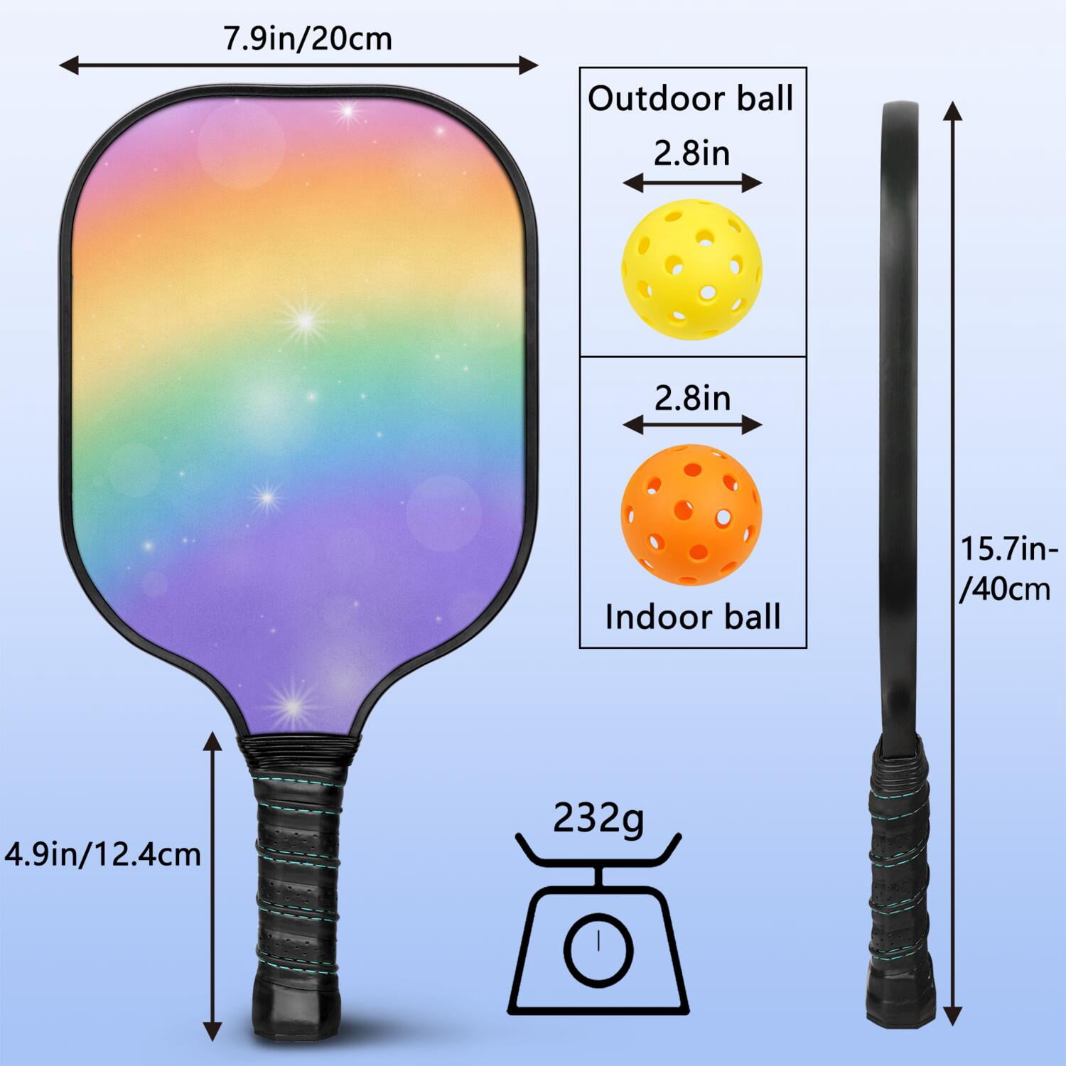 Pickleball Paddles Set Of 1, Fiberglass Surface, Vibrant Rainbow Print, 1 Paddle, 2 Balls & Bag