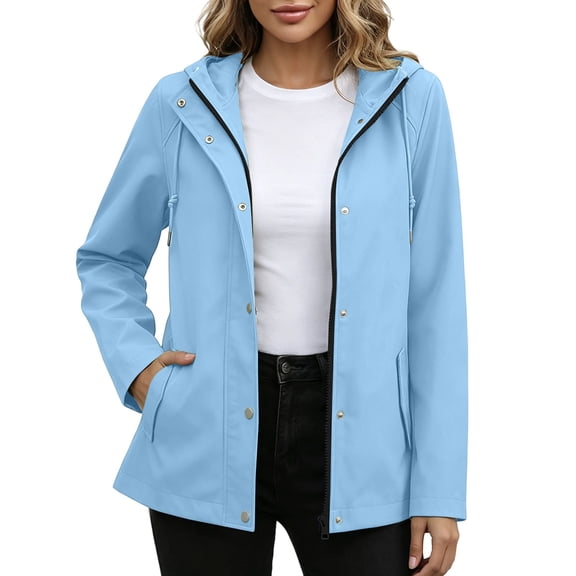 CYRBOKO Women's Hooded Jackets, Waterproof Zipper Casual Long Sleeve Lightweight Jacket Blue Size 2XL