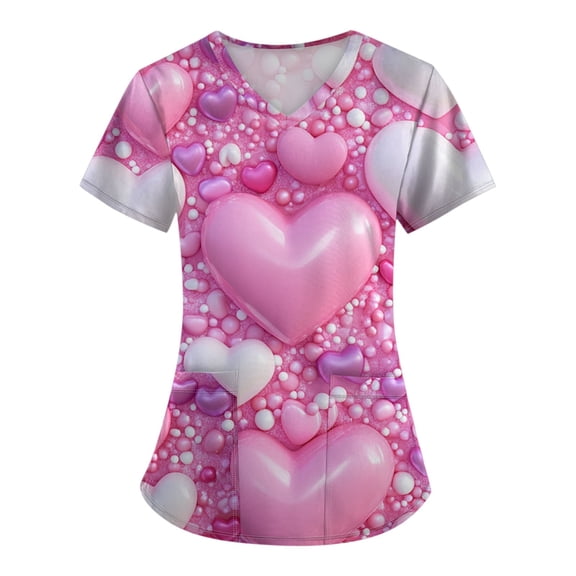 Hearthz S-5XL Valentine Scrubs for Women Love Heart Graphic Scrub Tops for Women Fitted V Neck Short Sleeve Nurse Working Uniforms with Pocket