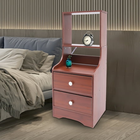 Fichiouy Nightstand Tall Bed End Table Bedside Table with 2 Drawers&2 Tier Storage Shelves Wood