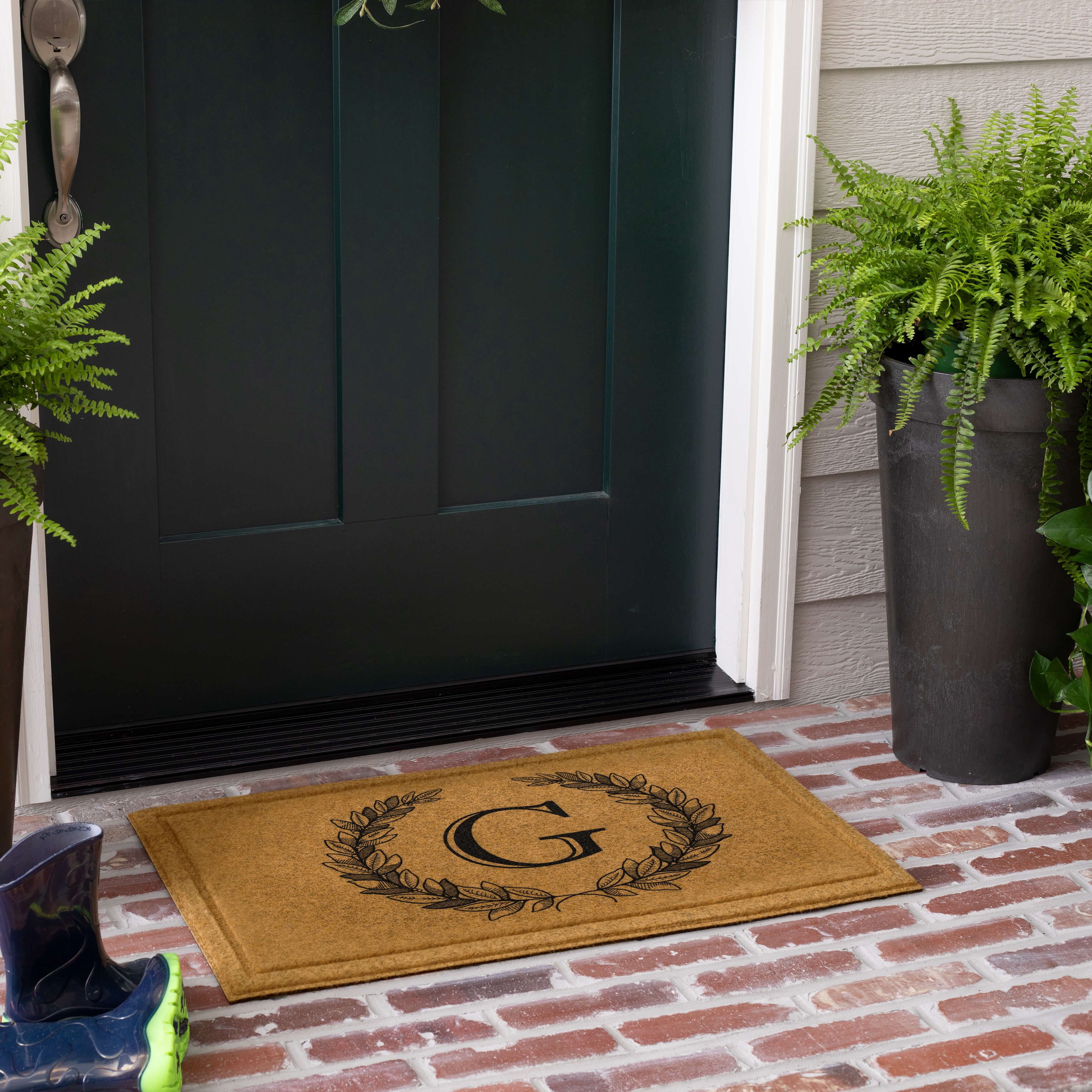 Mohawk Home Laurel Monogram G Low Pile Printed Faux Coir All Weather Eco Friendly Indoor/Outdoor Doormat, Natural, 1' 6" X 2' 6"