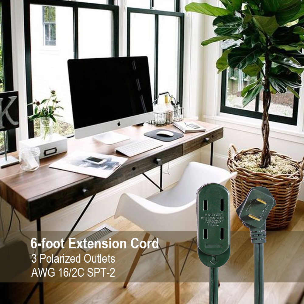 Hyper Tough 6FT 16AWG 2 Prong Green Indoor Household Extension Cord