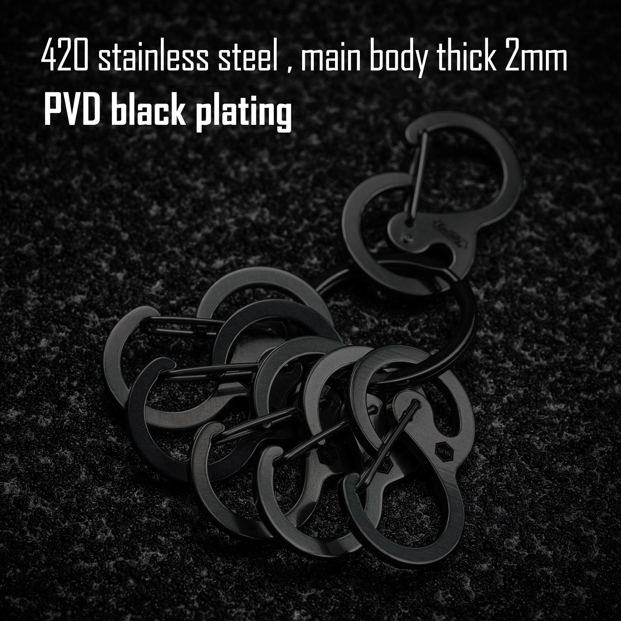 Key Unity Key Chain, KS05 Stainless Steel Carabiner Sets Mini Clips for Keys, Flashlight and Whistles, Black
