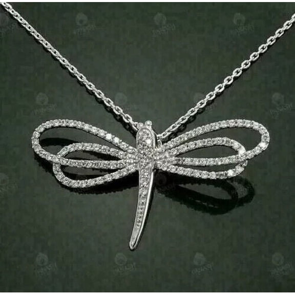 Dragonfly Pendant 3Ct Round Cut Lab-Created Diamond in 14K White Gold Plated 18"