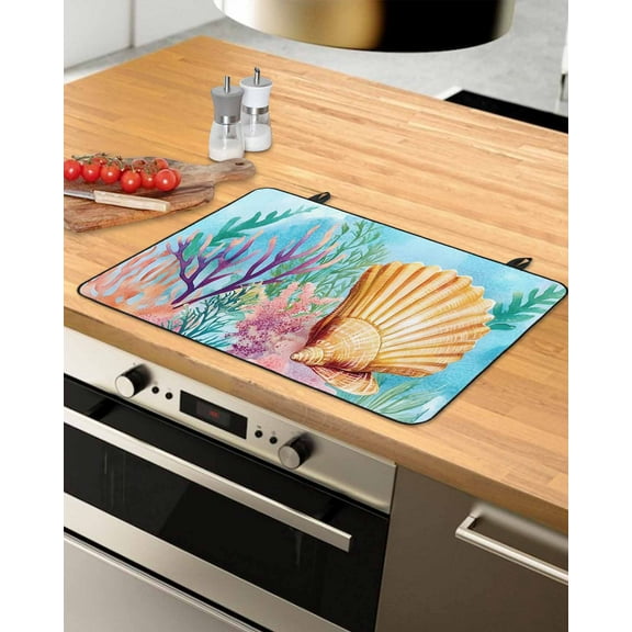 nqOlkjepod Large Induction Cooktop Protector Mat 31"x24", Summer Ocean Stove Top Covers for Electric Stove, Coastal Watercolor Shell Coral Decorative Stove Burner Cover Mats, Glass Top Stove Cover
