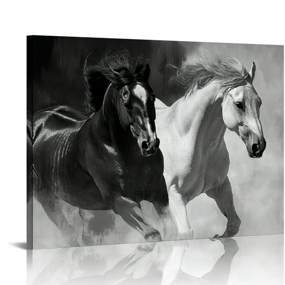 Patifu Black White Horses Wall Art - Running Horse Canvas Painting Modern Wild Animals Artwork Print Gallop Picture for Home Office Dining Room 20x16in