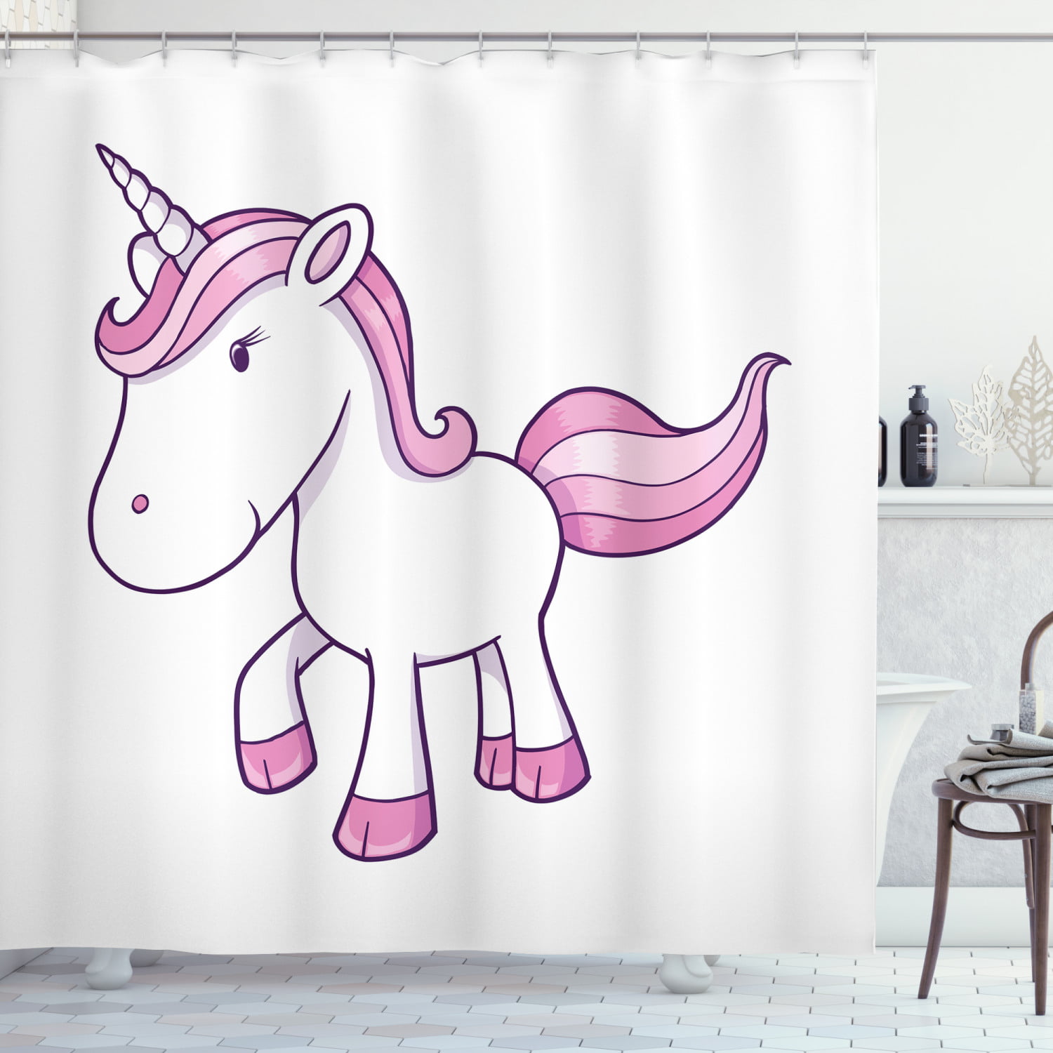 100% Polyester Fabric Unicorn Colored Horn Shower Curtain Bathroom Set Hooks 