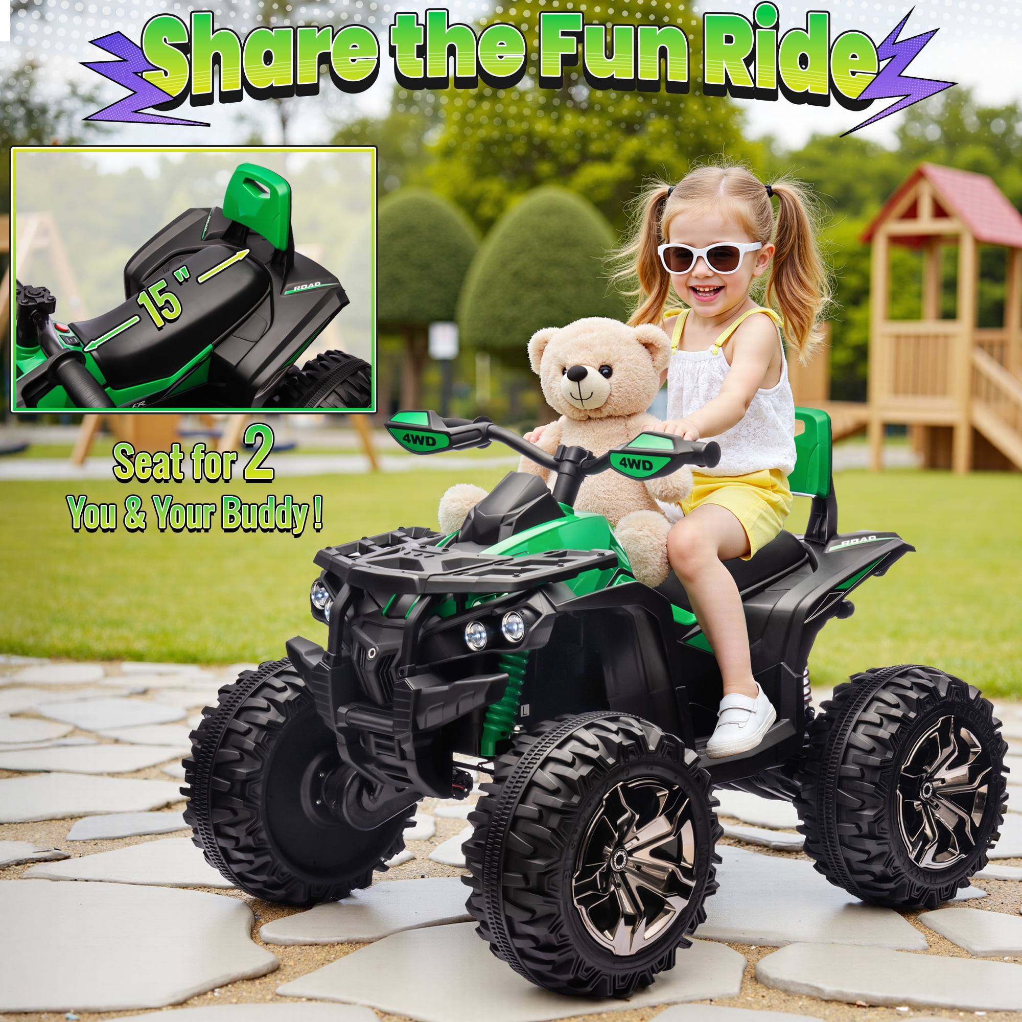 4WD 24 Volt Ride on Toys with Remote, Joyracer 4 Wheeler for Kids, Power Car Wheels, Toy Gift with Bluetooth Music, Horn, LED for Big Kids, Green
