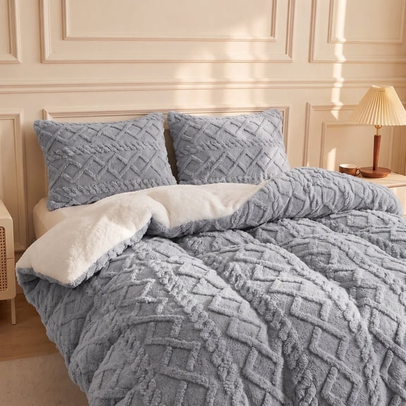 Ultra Soft Reversible Plush Comforter, Thick Warm Fluffy Bedding Comforter for Winter, Cozy Textured Bed Comforter Twin Size Gray