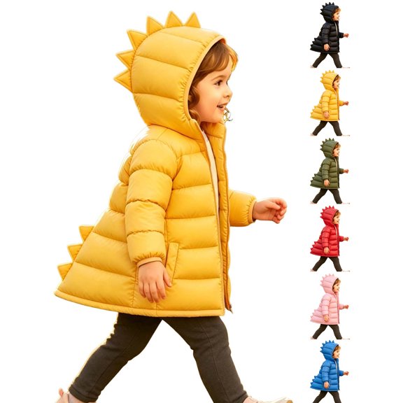 Chiccall Toddler Kids Cute Dinosaur Quilted Winter Coat Boys Girls Hooded Zip Padded Jacket Outerwear for Boys Girls Yellow 9-10 Years