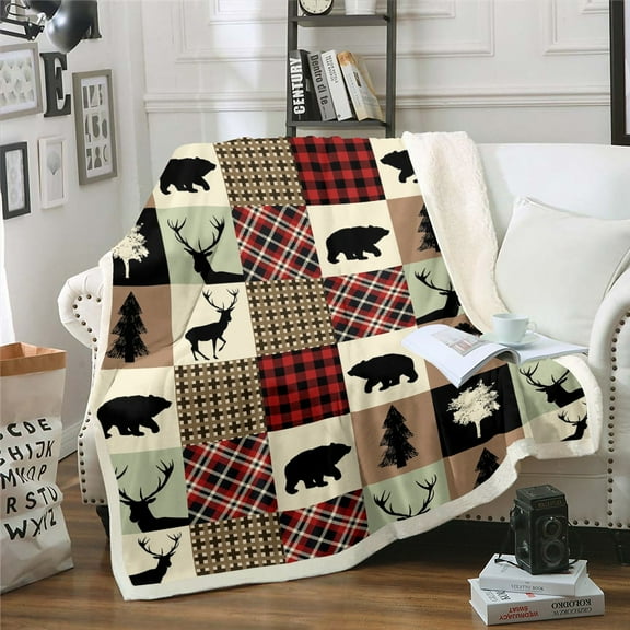 Farmhouse Cabin Throw Blanket,Rustic Bear Deer Fleece Blanket Woodland Wildlife Country Pine Trees Patchwork Blanket 50"x60" Teens Adult Women,Red Grid Checkered Buffalo Plaid Decor