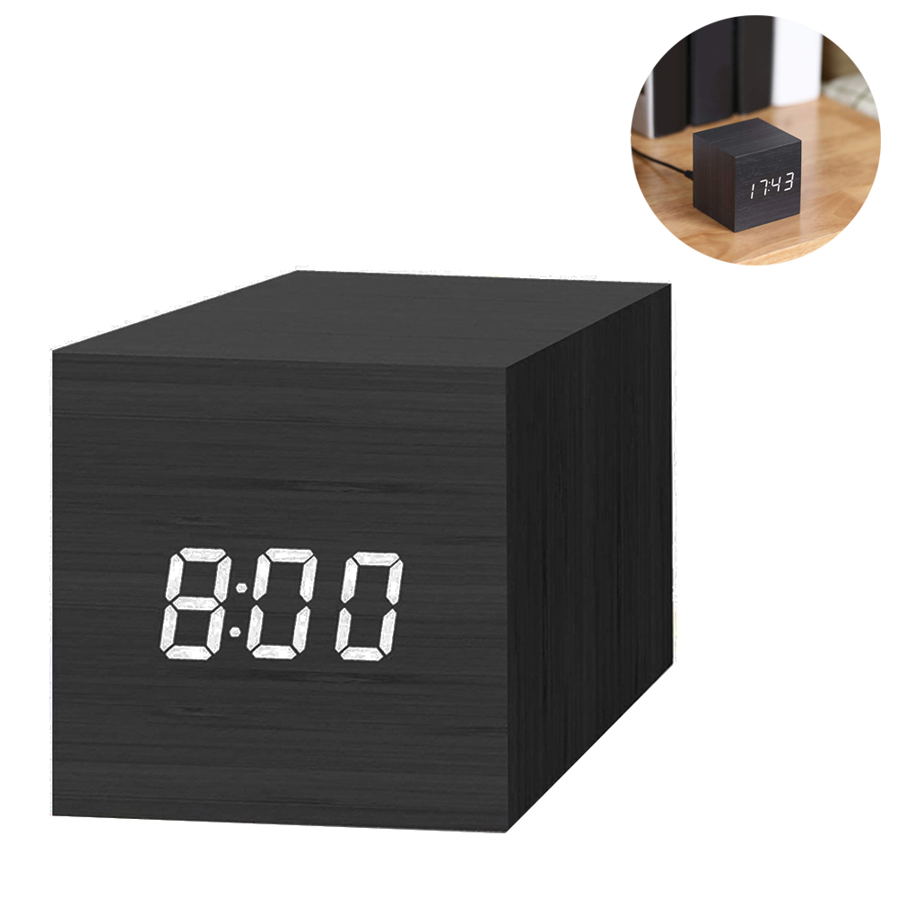 Digital Alarm Clock, Wood LED Light Mini Modern Cube Desk Alarm Clock