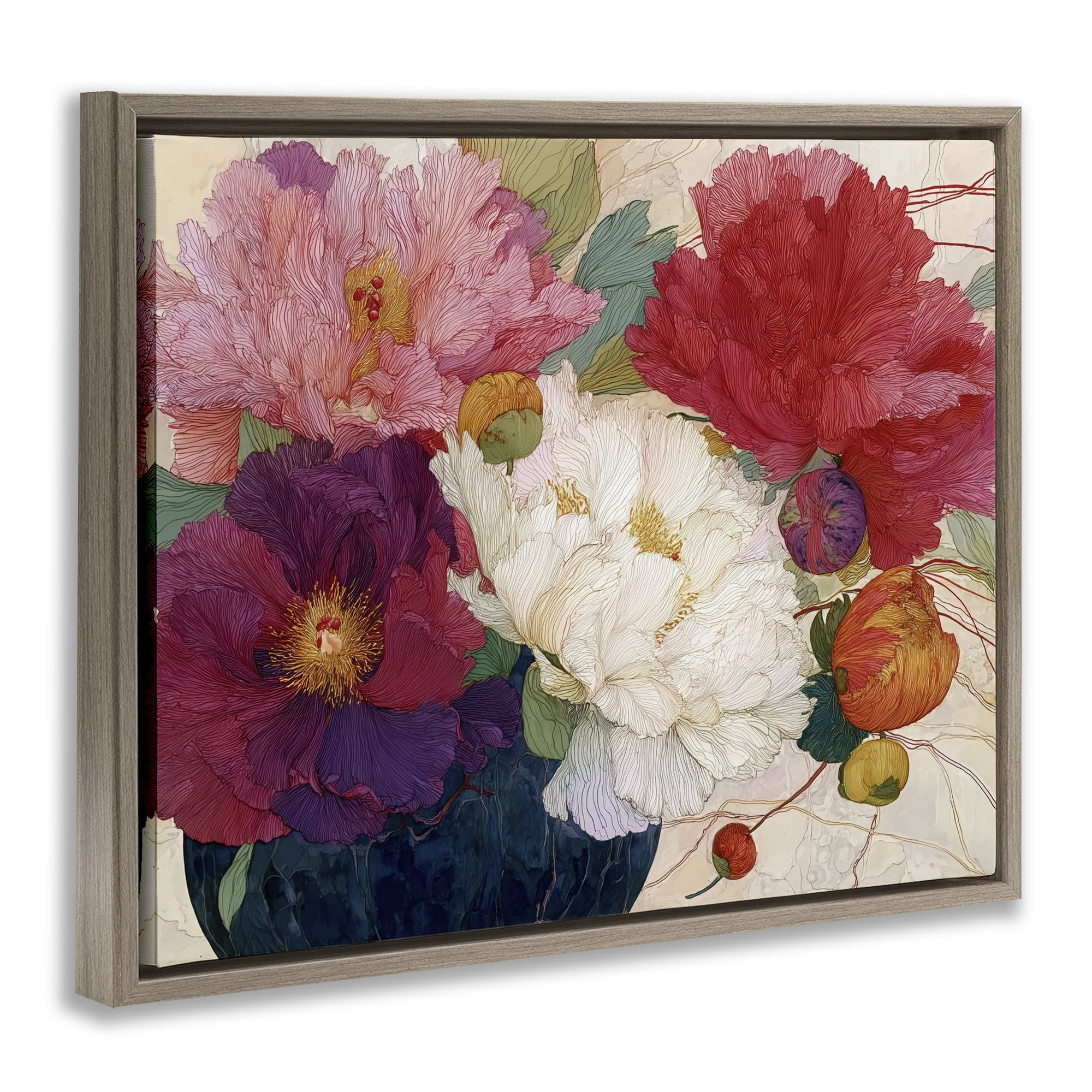 Haiku Ornate Flower Petals Brown Framed Floater Canvas Wall Art, design by Annabelle Hall