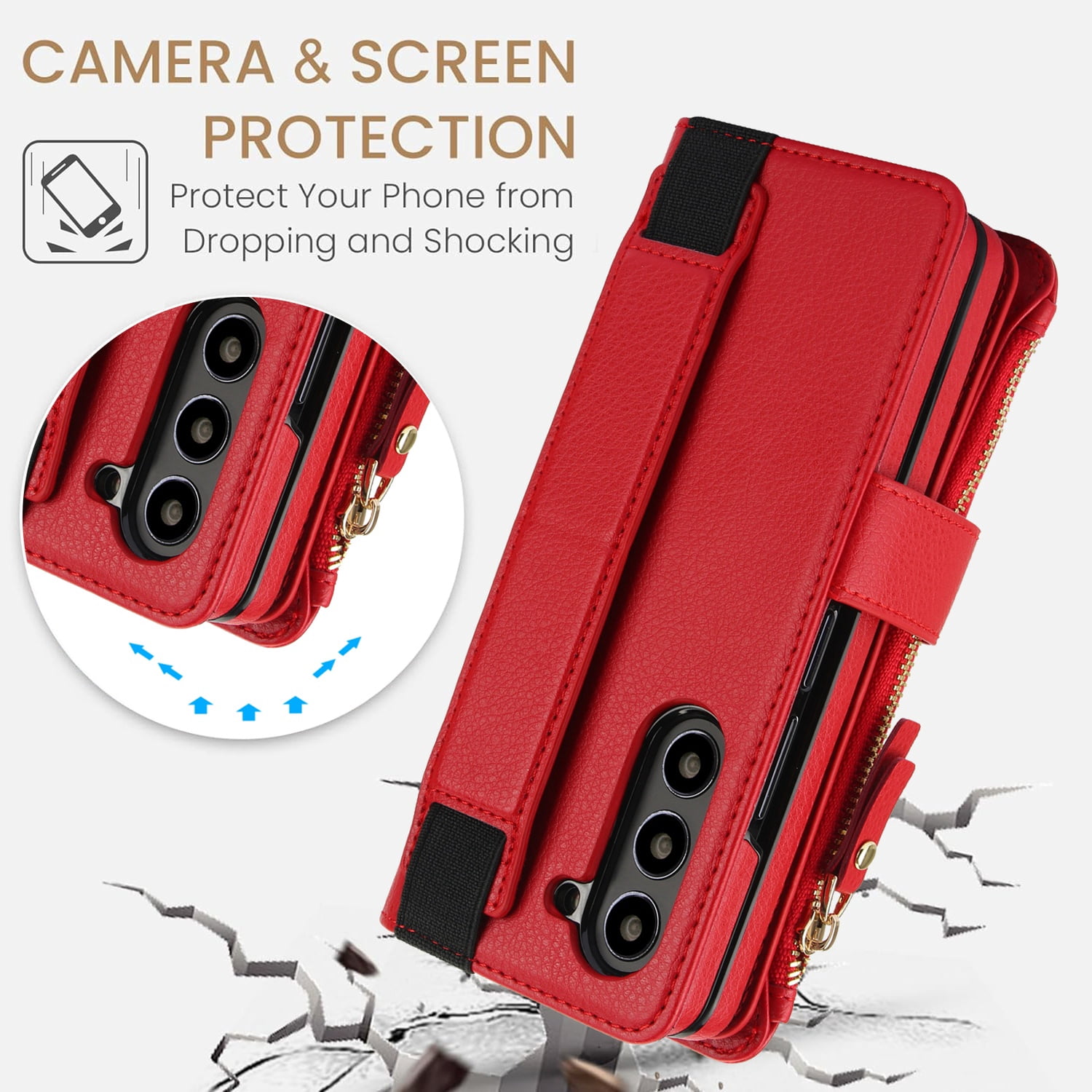 Allytechgroup for Samsung Galaxy Z Fold 7 Case Wallet, 7 Cards Slots Cash Zipper Pocket S Pen Holder Hand Strap Wrist Flip Cover Protective Phone Case for Samsung Galaxy Z Fold 7,Red