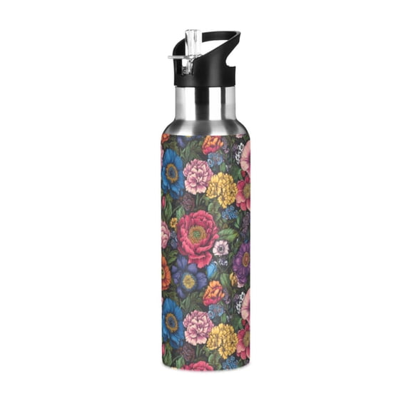 Yayeee 20oz Insulated Water Bottle Double Wall Stainless Steel with Flip Straw Lid, Vibrant Blooming Flowers